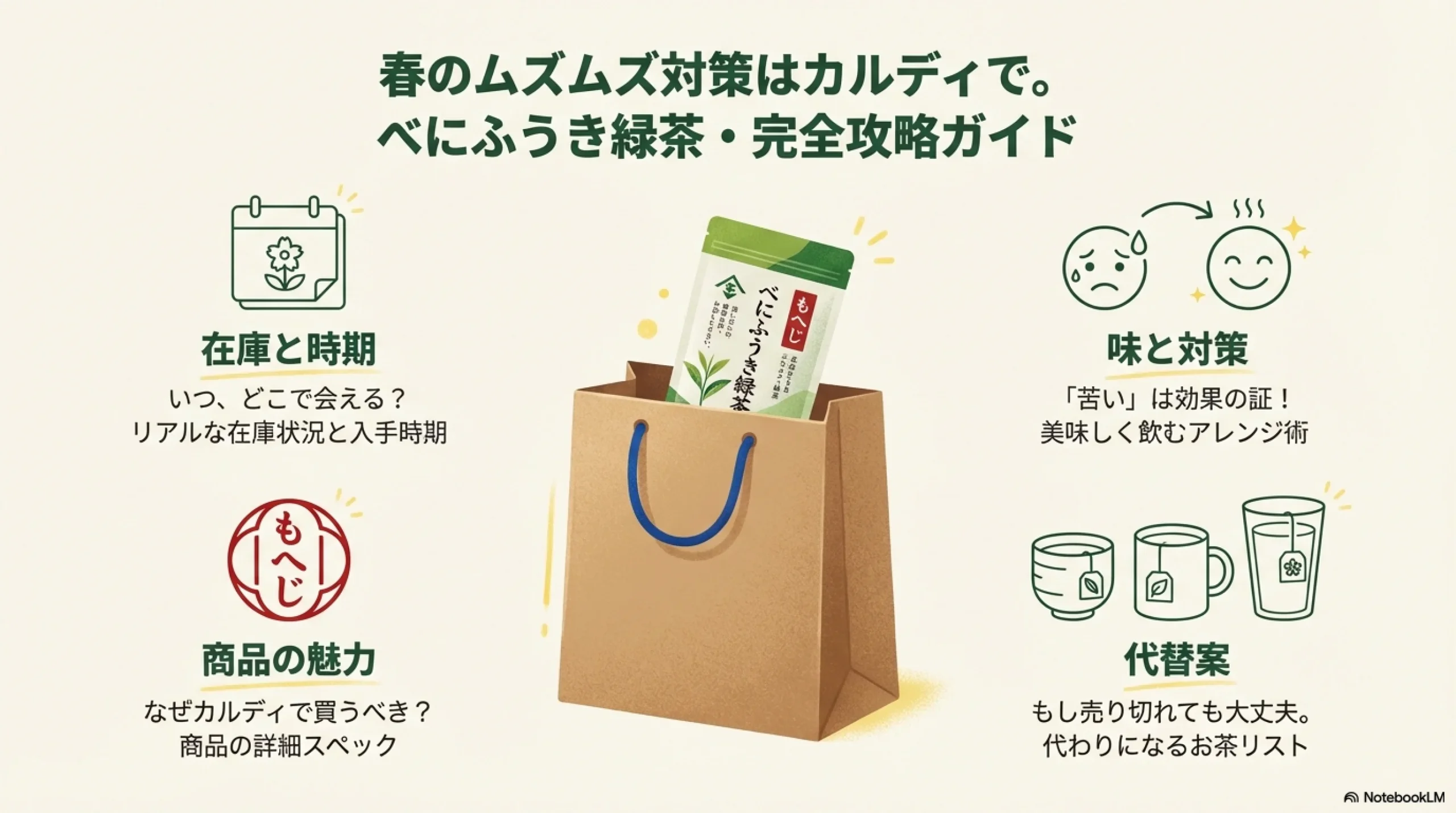カルディで買えるべにふうき緑茶のパッケージと、春のムズムズ対策をイメージしたアイキャッチ画像