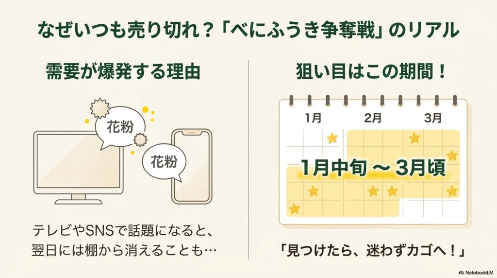 カルディのべにふうき茶の販売時期（1月中旬〜3月）と在庫状況のポイントをまとめた解説スライド