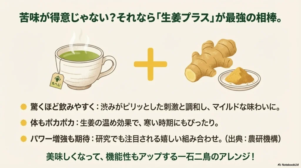 べにふうき緑茶に生姜（ジンジャー）を加える、飲みやすさと効果を高めるアレンジ方法の紹介