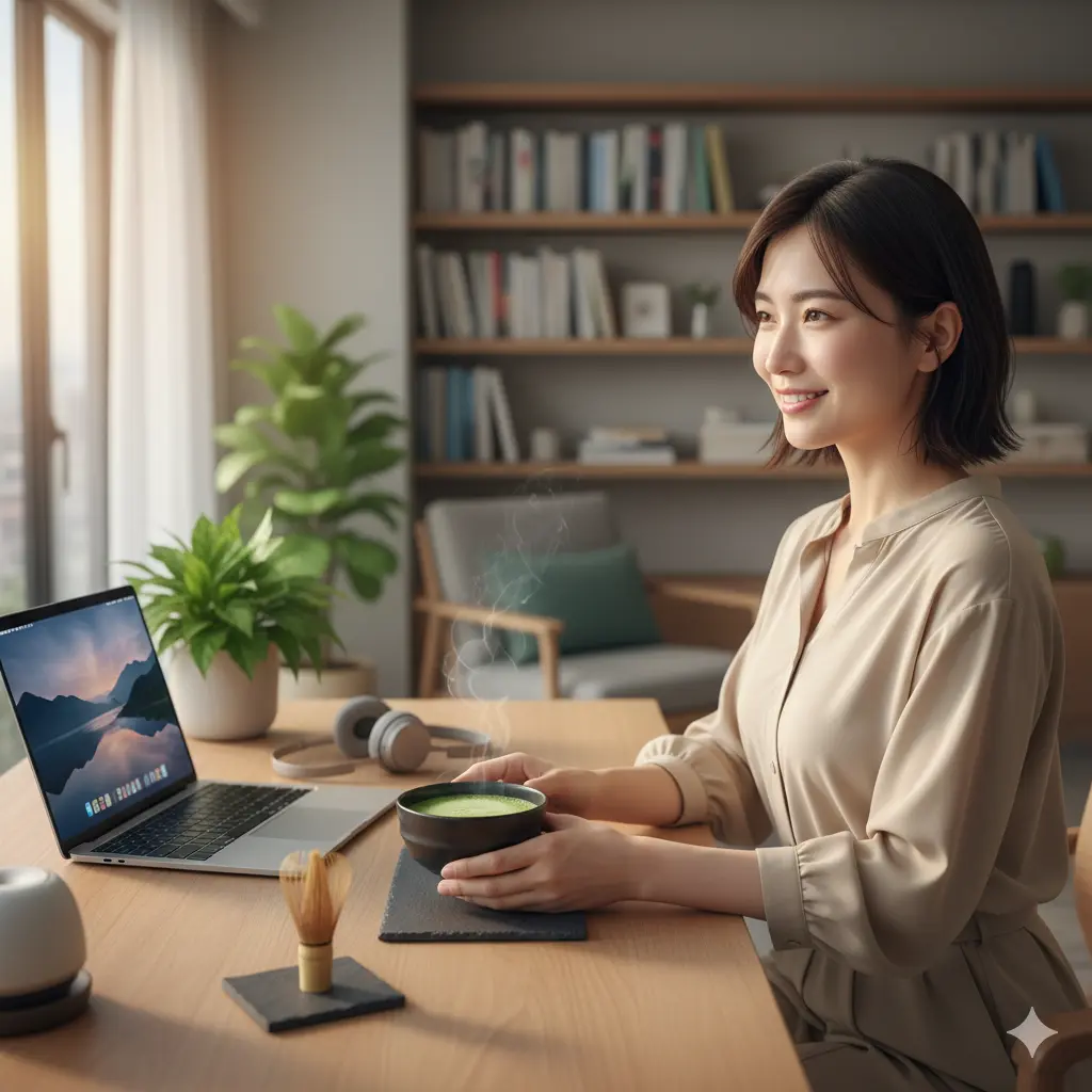 デスクワーク中に温かい抹茶を飲んでリラックスし、窓の外を見つめながら笑顔を見せる若い日本人女性。