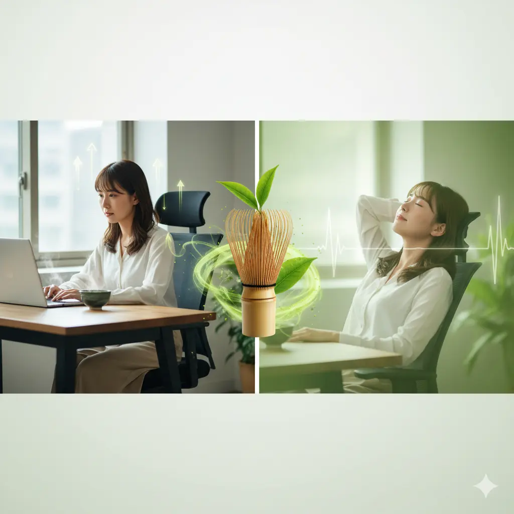 集中してパソコン作業をする女性とリラックスして休憩する女性。中心に茶筅と抹茶の葉が浮かび、抹茶が集中力とリラックス効果をもたらすことを示唆するグラフィック。