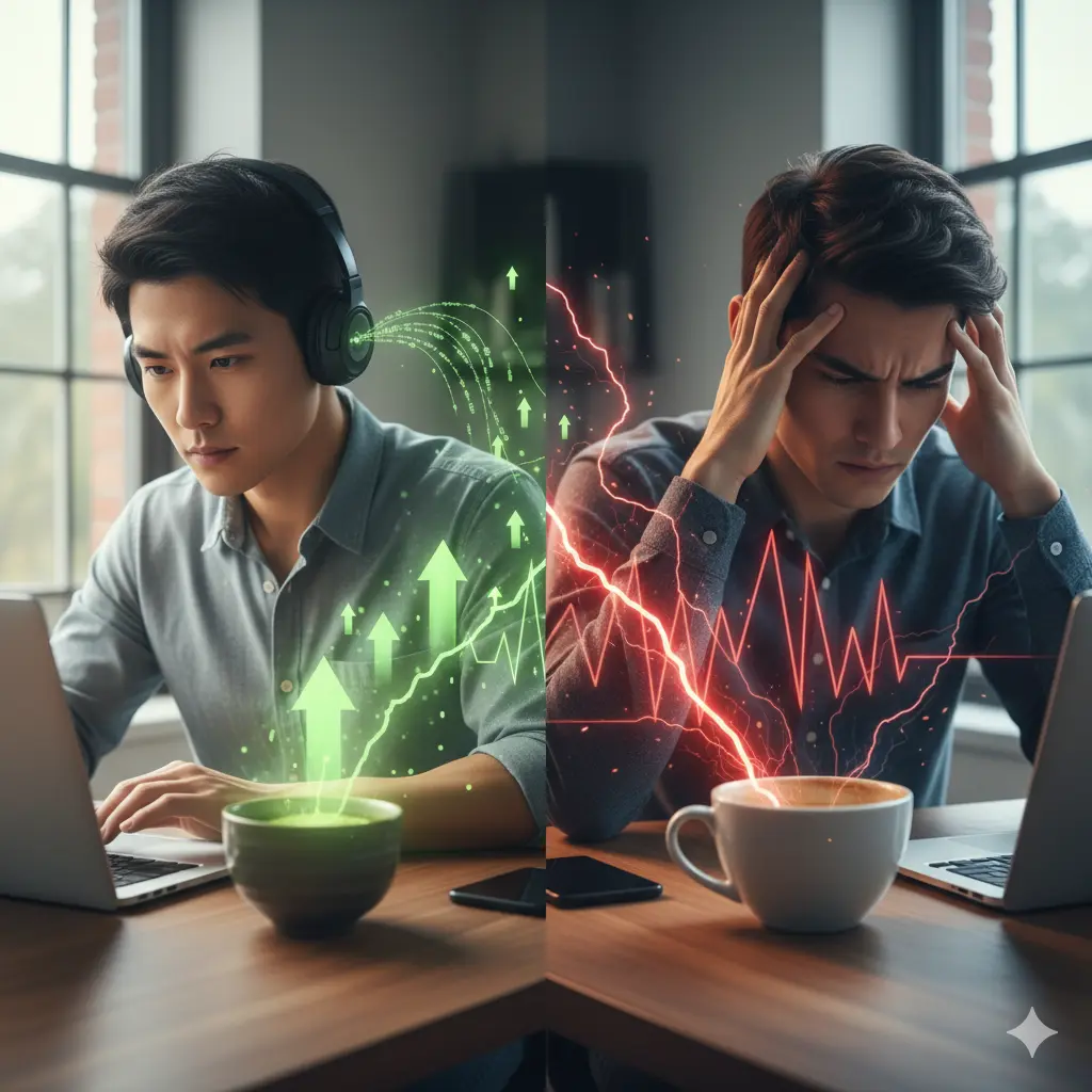 左側は抹茶を飲み集中力が高まっている若い日本人男性、右側はコーヒーを飲みすぎて頭痛に苦しむ若い日本人男性。