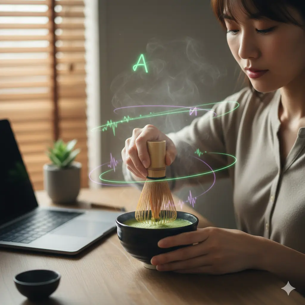 デスクで茶筅を使い抹茶を点てる若い日本人女性。抹茶を点てる行為がマインドフルネスを促し、脳波に良い影響を与えることを示すグラフィック。