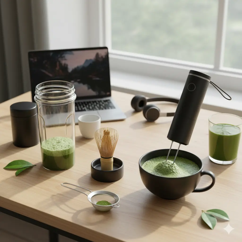 デスクで、茶筅、シェイカー、ミルクフォーマーなど様々な道具を使って抹茶を点てたり飲んだりする様子。