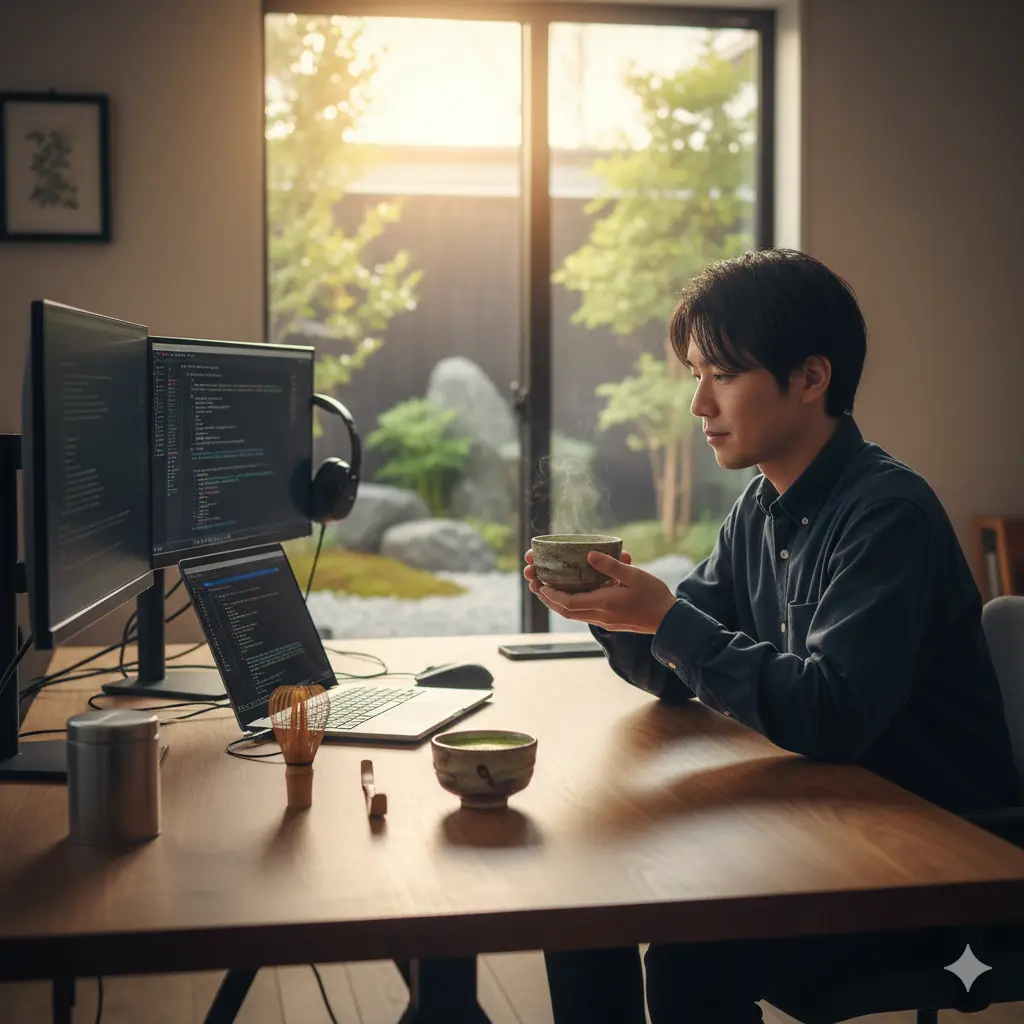 日本人プログラマーが自宅の書斎でPCに向かいながら、湯気の立つ抹茶を両手で持っている様子。窓の外には手入れされた日本庭園が見え、集中とリラックスのバランスがとれたワークスペースを表現。