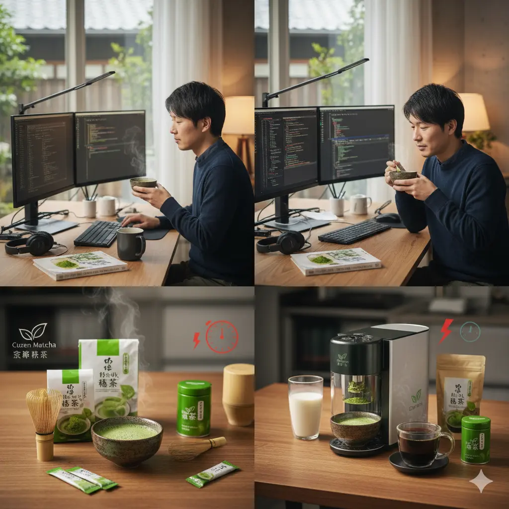 4つの画像を組み合わせたコラージュ。上段は、プログラマーが集中して作業する傍らで抹茶を飲み、リラックスしている様子。下段は、手軽に楽しめる粉末抹茶と本格的な抹茶マシンが並び、現代のプログラマーのライフスタイルに合わせた抹茶の多様な楽しみ方を表現。