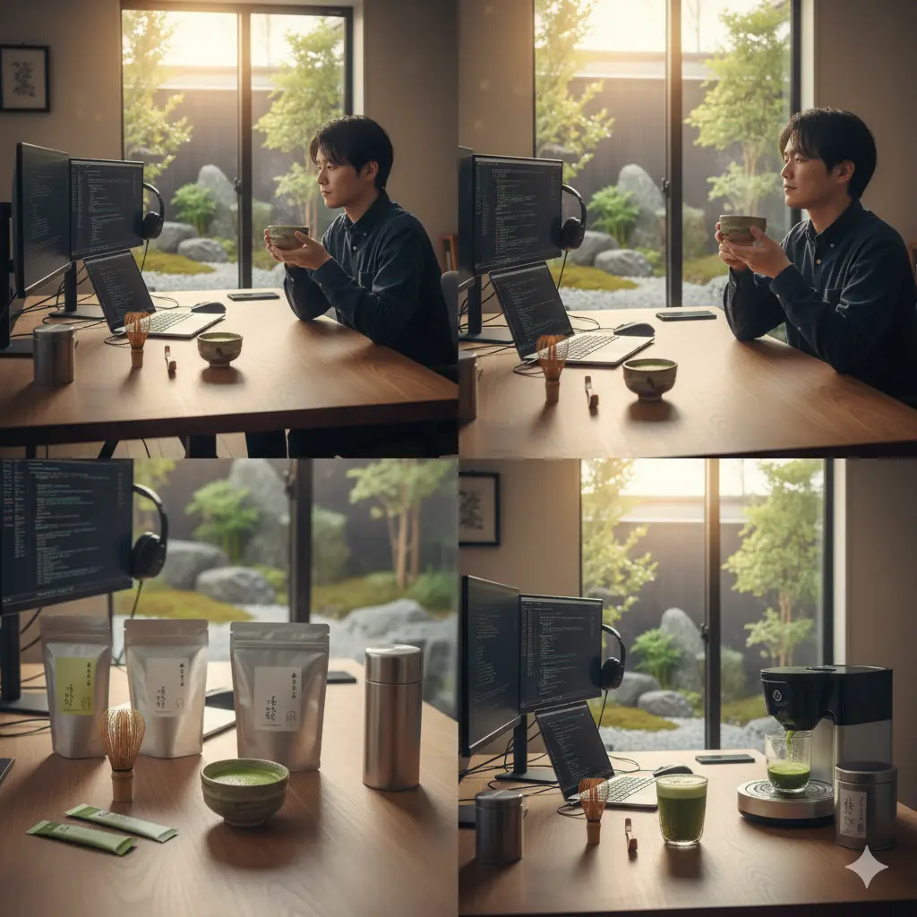4つの画像を組み合わせたコラージュ。上段は、プログラマーが自宅のワークスペースで抹茶を飲み、穏やかに集中している様子。下段は、様々なタイプの抹茶製品と、抹茶を点てるための道具、そして抹茶マシンが並べられ、抹茶がもたらす「静かな覚醒」と多種多様な楽しみ方を暗示している。