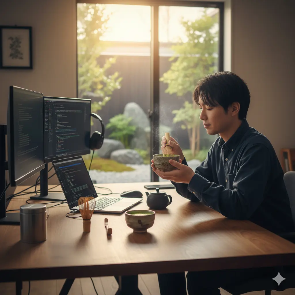 日本人プログラマーが自宅の書斎でPC作業の合間に、茶筅で抹茶を点てている様子。湯気が立ち上り、抹茶の香りが漂う瞬間を捉え、リラックスした表情で気分転換をしている情景を表現。
