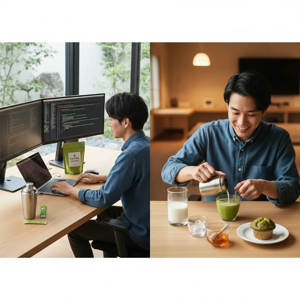 2つの画像を組み合わせたコラージュ。左は、自宅のワークスペースでPC作業をしながら手軽な粉末抹茶を楽しむプログラマーの様子。右は、リビングで抹茶ラテを作り、抹茶マフィンと共にリラックスした表情で味わう様子。抹茶の多様な利用シーンを提案している。