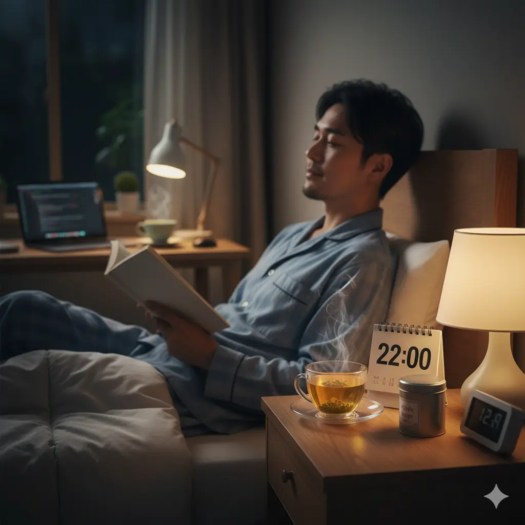 夜遅い時間、ベッドサイドで本を読みながらリラックスしている日本人男性のプログラマー。サイドテーブルには温かい飲み物と「22:00」を示すデジタル時計が置かれ、カフェイン摂取を控え、睡眠の質を重視する様子を表現。