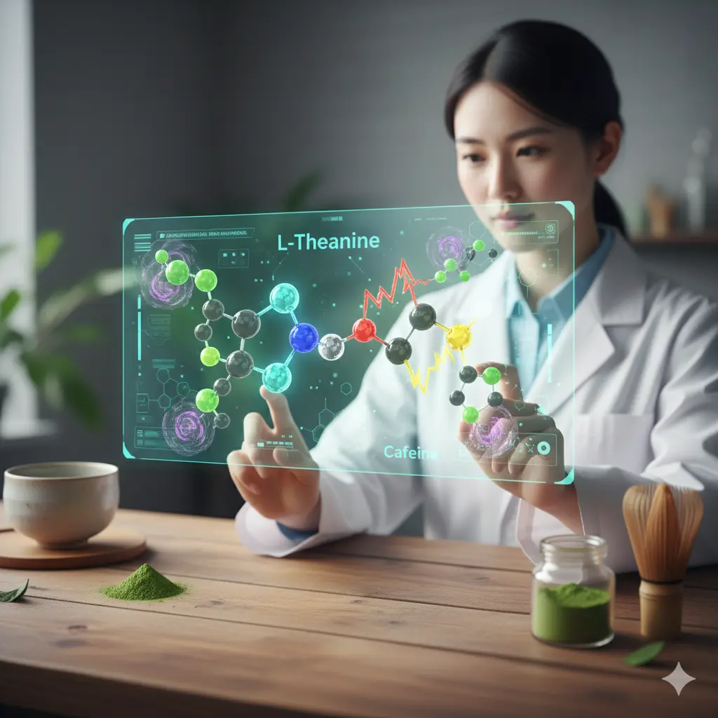 白衣を着た日本の研究者が、抹茶の成分であるL-テアニンとカフェインの分子構造がホログラムで表示された透明なスクリーンを操作している。スクリーンには成分の相乗効果を示すグラフも表示され、科学的な分析と理解を深めている様子。