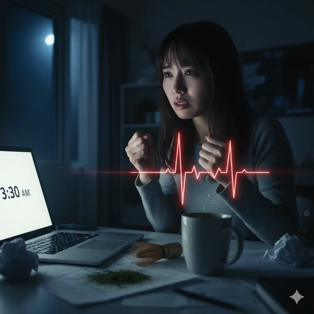 深夜3時半、日本の若い女性がノートパソコンの前でイライラした表情で拳を握りしめている。心電図のような赤い波線が彼女の胸元に表示され、カフェイン過剰摂取による不眠や不安を示唆。