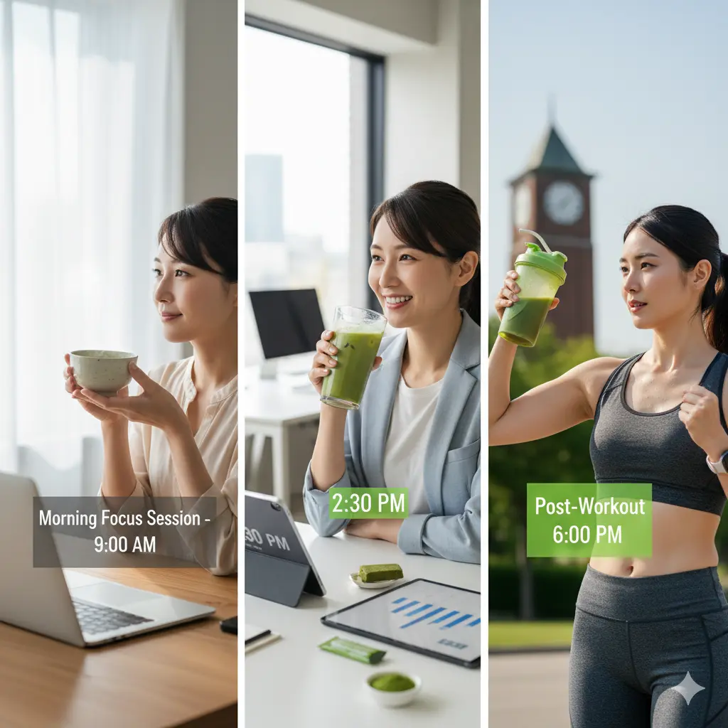 3分割されたコラージュ画像。左は午前9時にパソコンの前で抹茶を飲む日本の女性、中央は午後2時30分にオフィスで抹茶ドリンクを飲む女性、右は午後6時に運動後に抹茶プロテインを飲む女性。それぞれの時間帯で抹茶がエネルギーチャージに役立つ様子を表現。
