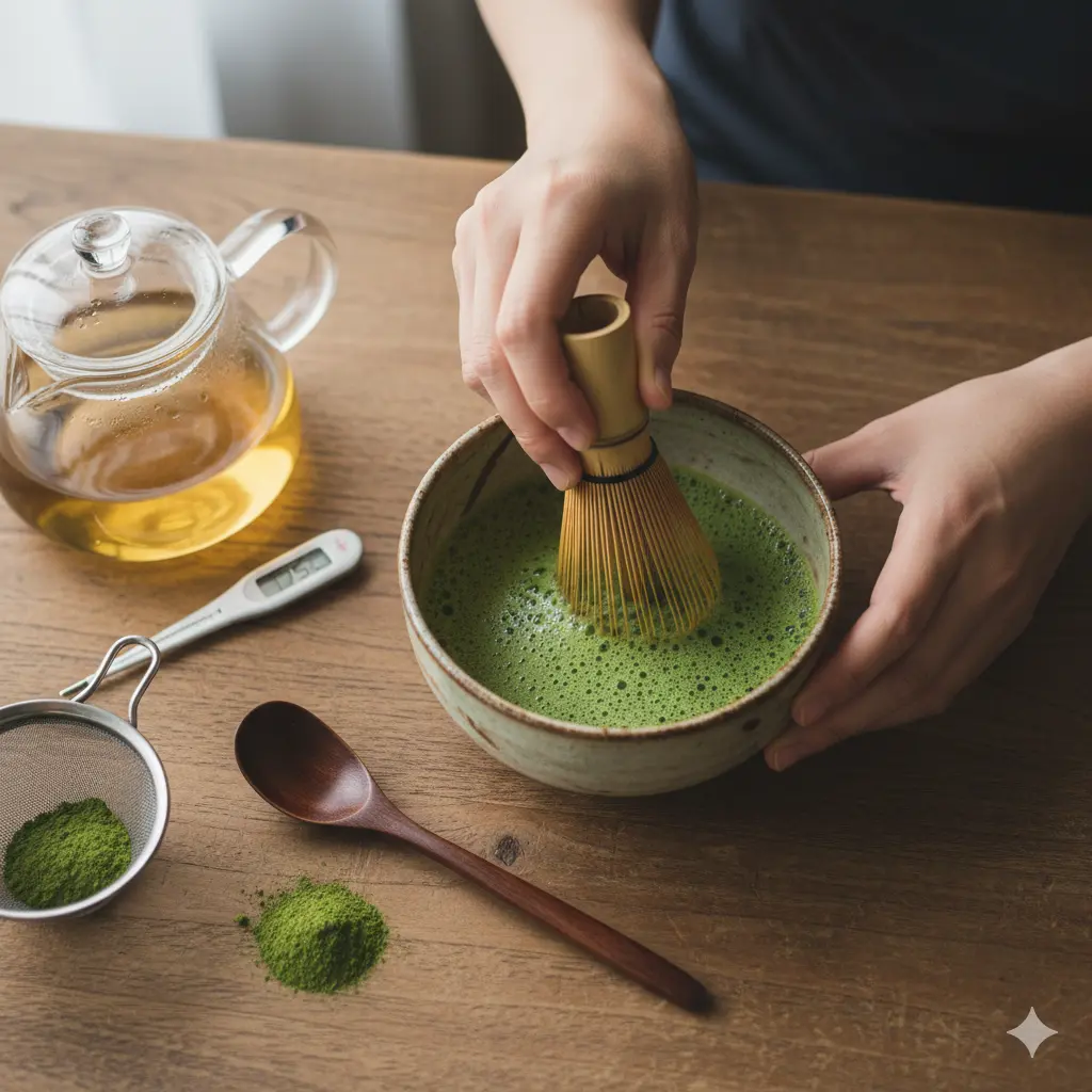 木製のテーブルの上で、日本の若い女性が茶筅を使って抹茶を点てている様子を上から撮影。茶碗には鮮やかな緑色の泡立つ抹茶があり、隣には抹茶パウダー、茶こし、温度計、ガラスの急須が置かれている。