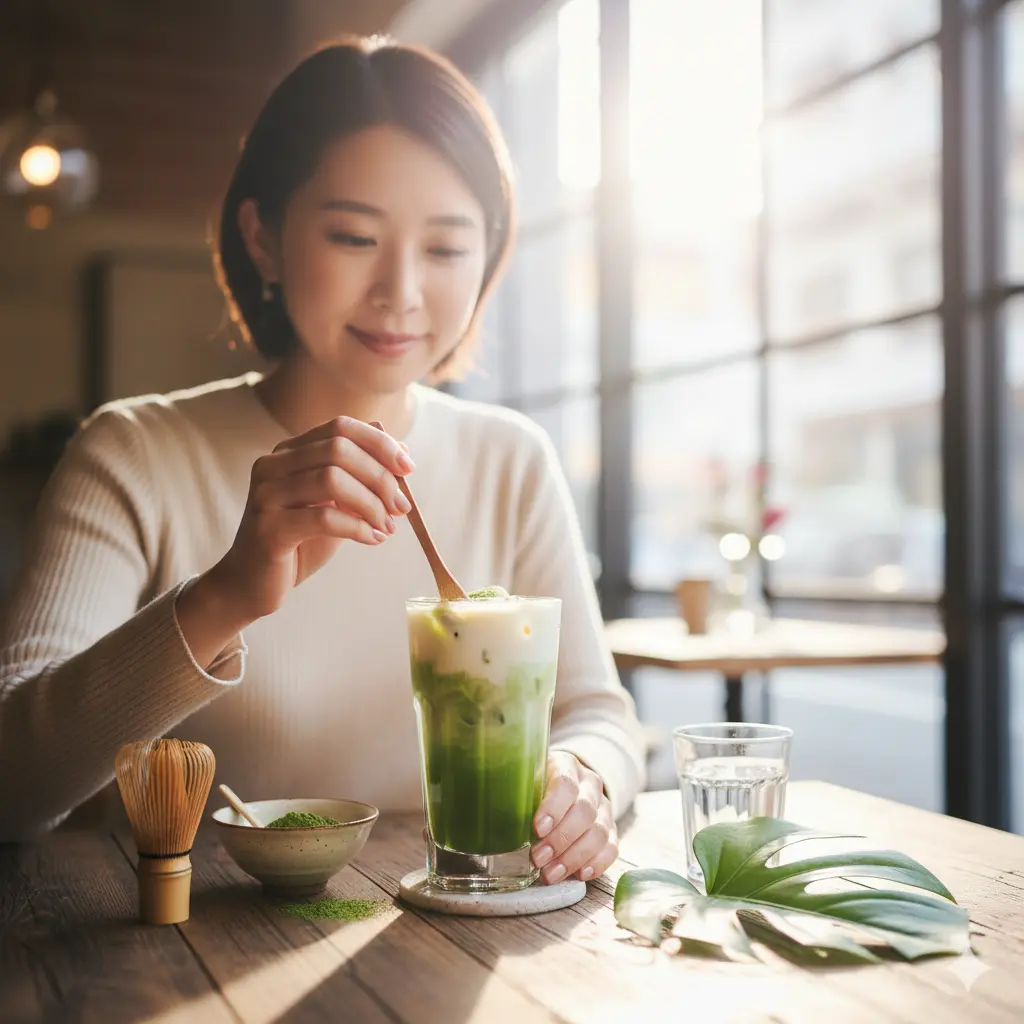 窓から光が差し込むカフェのような空間で、日本の若い女性が抹茶ラテをスプーンでかき混ぜている。テーブルには抹茶の道具も並べられ、手軽で美味しい抹茶アレンジを楽しんでいる様子。