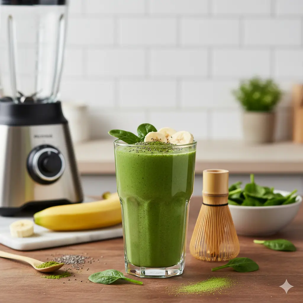 キッチンのカウンターに置かれた、鮮やかな緑色の抹茶バナナスムージーのグラス。バナナとほうれん草、チアシードがトッピングされ、背景にはブレンダー、バナナ、茶筅、抹茶パウダー、ほうれん草が並び、栄養満点のスムージーの準備が整っている。