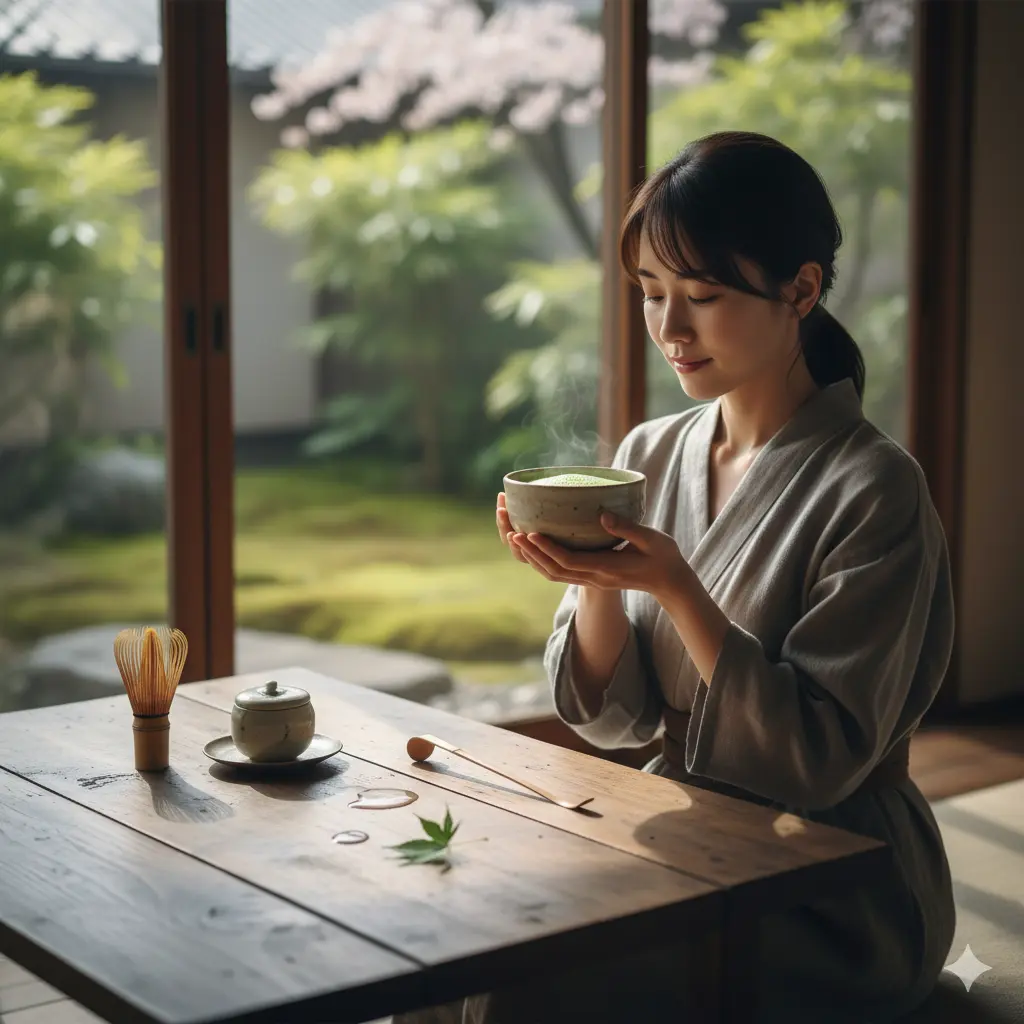 縁側で穏やかに抹茶を飲む若い日本人女性。窓の外には新緑の庭が見え、心が落ち着く瞬間を表現。