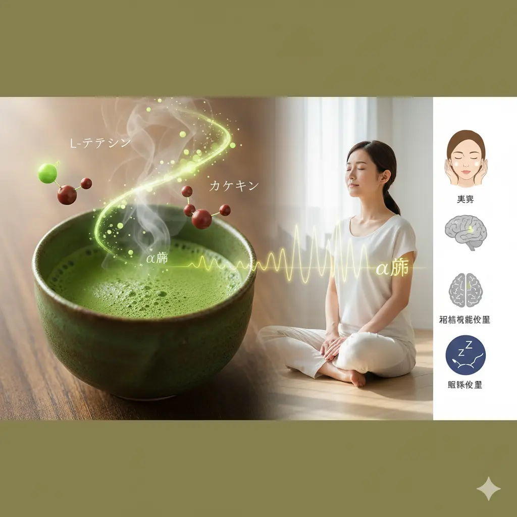 抹茶がもたらす様々な効果を視覚的に表現したインフォグラフィック。抹茶碗から立ち上る湯気の中にテアニンとカテキンの分子構造と脳波のα波が描かれ、隣には瞑想する女性と、美容、認知機能、睡眠の質改善を示すアイコンが配置されている。