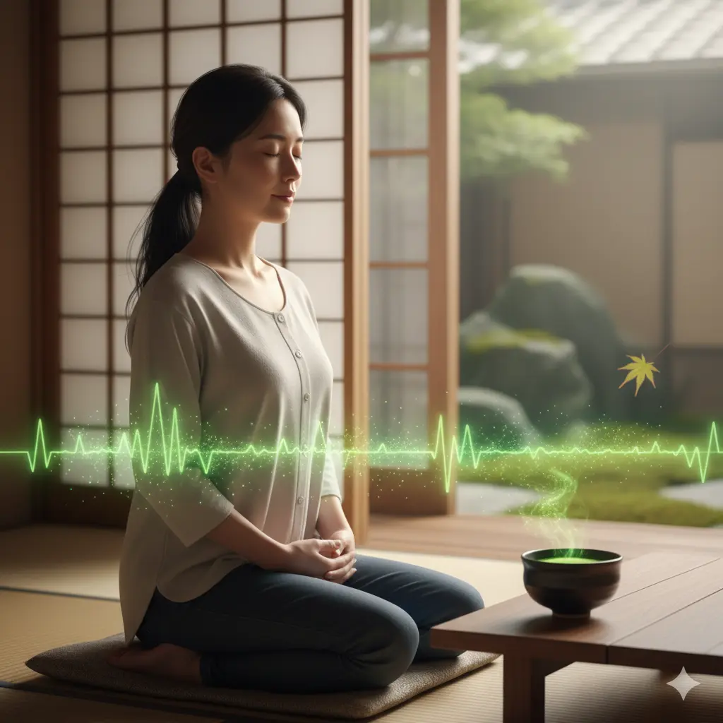 畳の上で座禅を組み瞑想する若い日本人女性。横には抹茶があり、女性と抹茶の間にはリラックス状態を示すα波のグラフィックが描かれている。