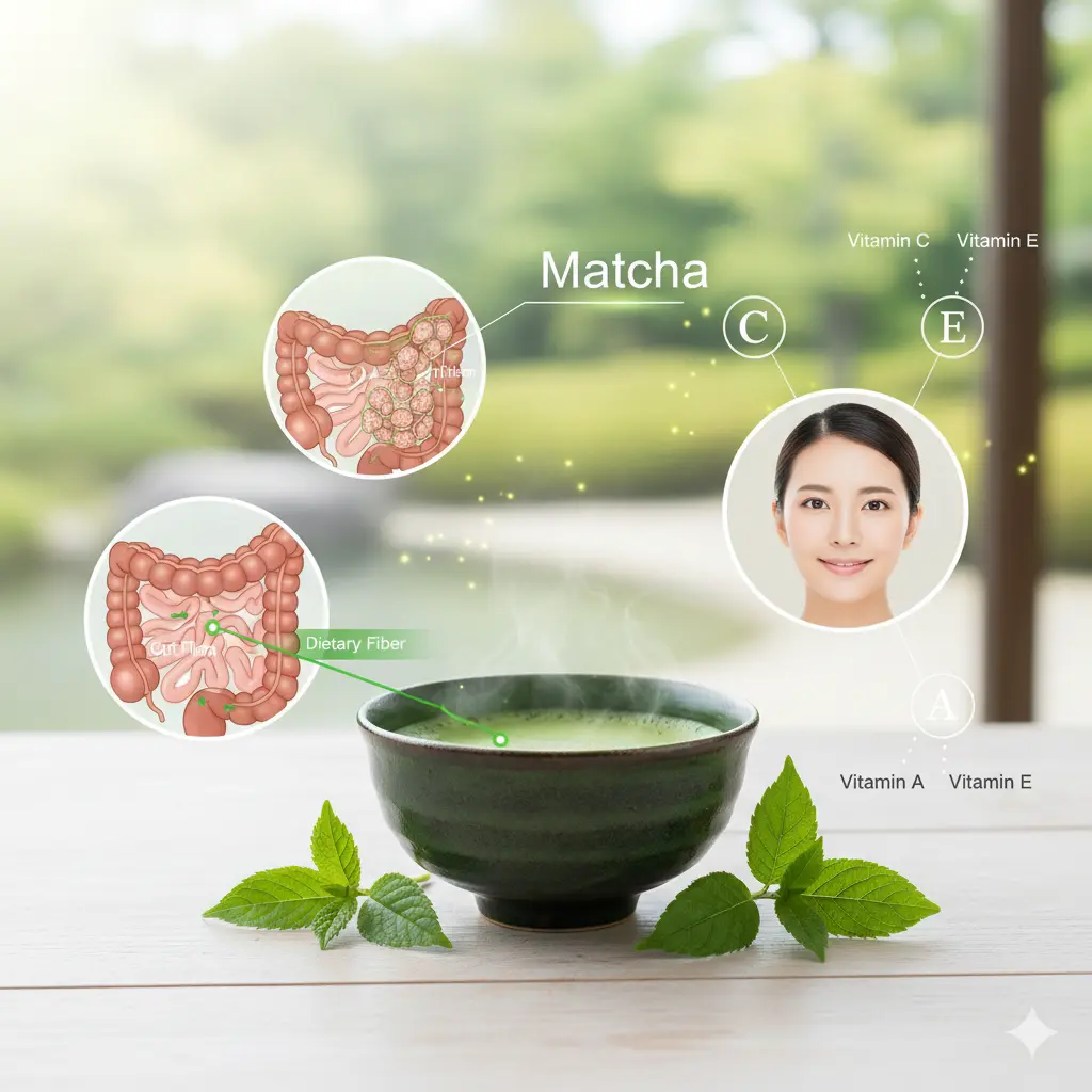 抹茶碗と、それに関連する健康と美容の利点を示す図解。大腸の図で食物繊維の効果が、美しい肌の女性の顔の周りにはビタミンC, A, Eが表現されている。