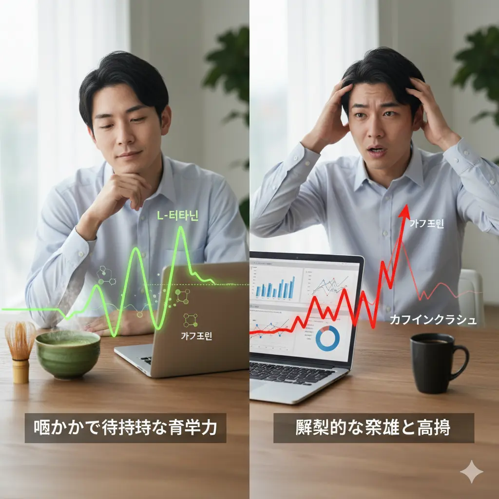 抹茶とコーヒーの集中力持続効果を比較した二分割図。左側は抹茶を飲み穏やかに集中しているビジネスパーソン。抹茶碗の横には、テアニンとカフェインのバランスを示唆する緑色の安定した波形が描かれている。右側はコーヒーを飲んでカフェインクラッシュに陥り頭を抱えるビジネスパーソン。コーヒーカップの横には急激な覚醒と疲労を表す赤い不安定な波形が描かれている。