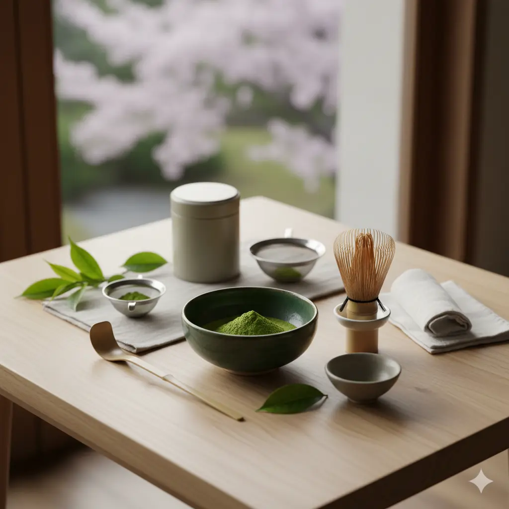 窓から桜が見える和室のテーブルに、茶碗、茶筅、抹茶缶、茶杓など、抹茶を点てるための道具が一式並べられている。