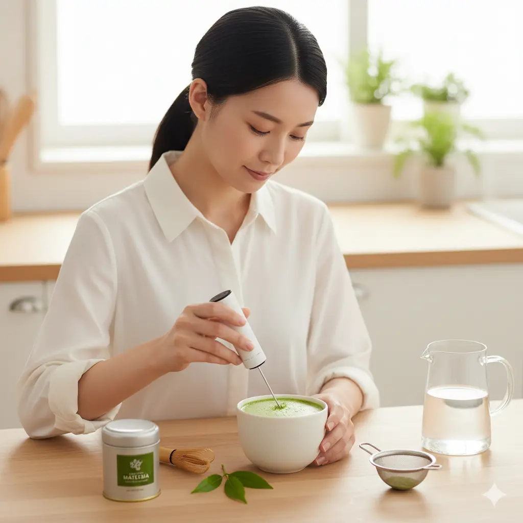 キッチンでマグカップに入った抹茶を電動ミルクフォーマーで泡立てている若い日本人女性。手軽に抹茶を楽しむ様子が描かれている。