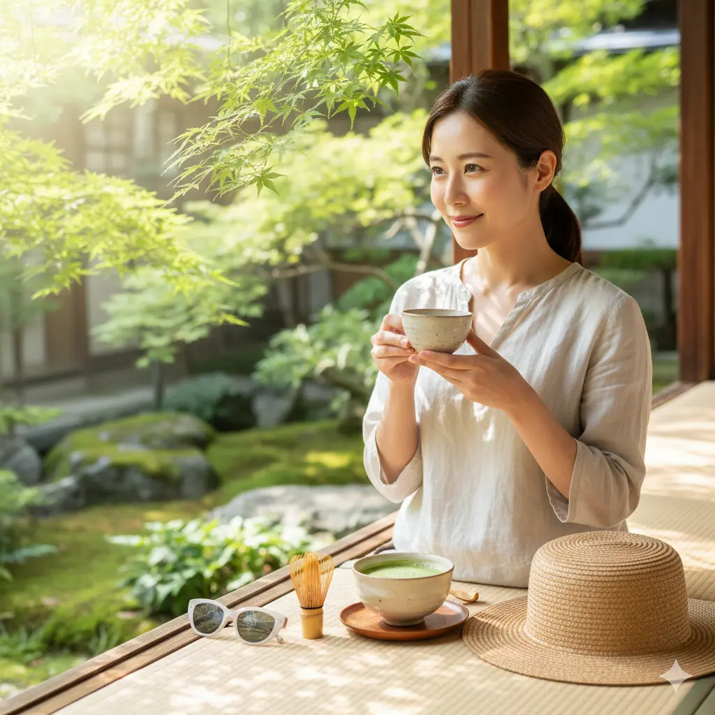 縁側で日本庭園を眺めながら抹茶を飲むアジア人女性。隣には麦わら帽子とサングラスがあり、紫外線対策を意識した生活を表現している。