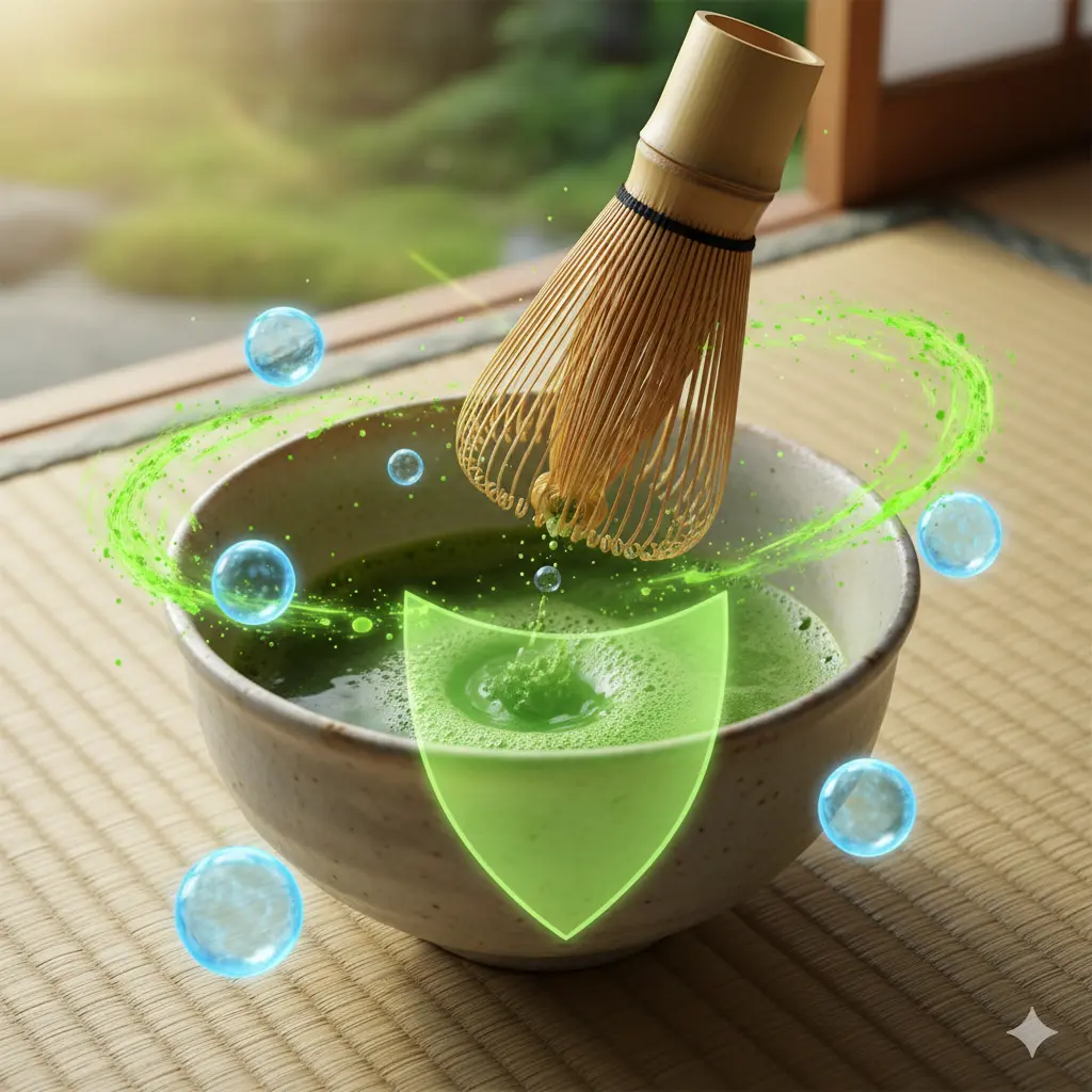 泡立てられた抹茶の周りに、紫外線ダメージから細胞を守る盾と抗酸化作用を示す光る球体が描かれており、抹茶のインナーケア効果を視覚的に表現している。