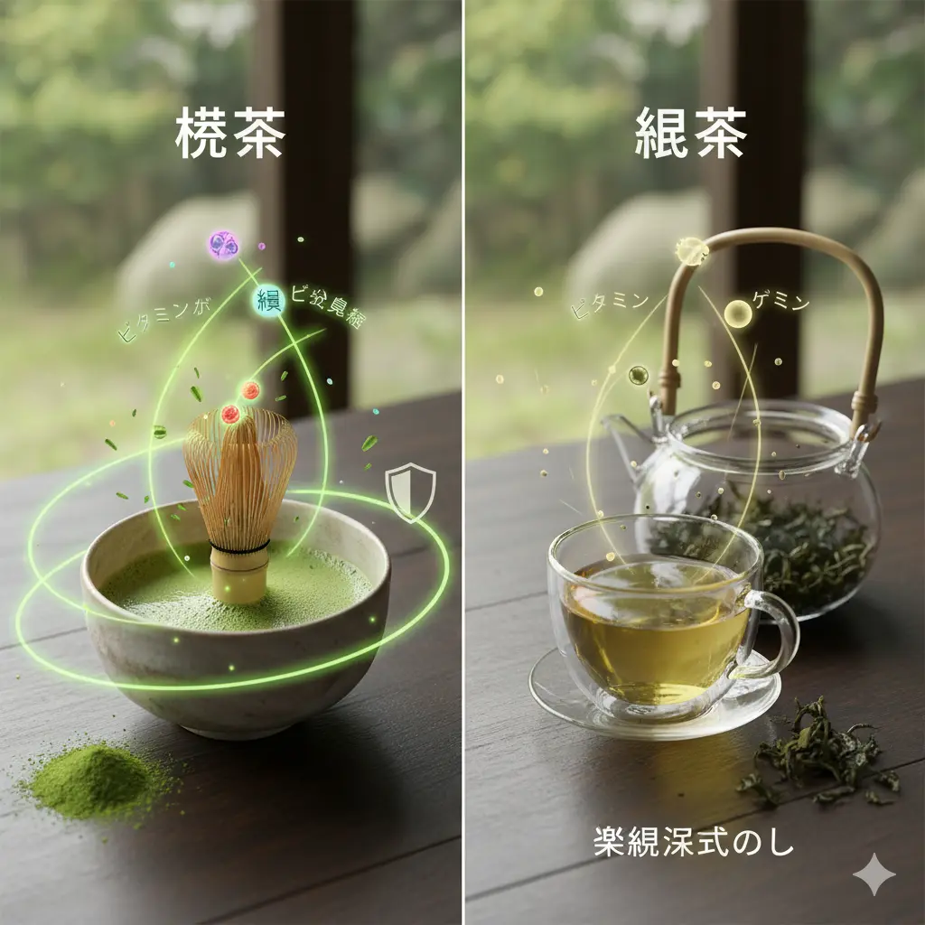 左右に分割された画面で、左側には茶筅で点てられた抹茶と粉末、周囲には豊富な栄養素を示す光の粒が描かれ、右側には急須で淹れた緑茶と茶葉、抽出された一部の栄養素を示す光の粒が描かれている。抹茶と緑茶の栄養摂取効率の違いを比較している。