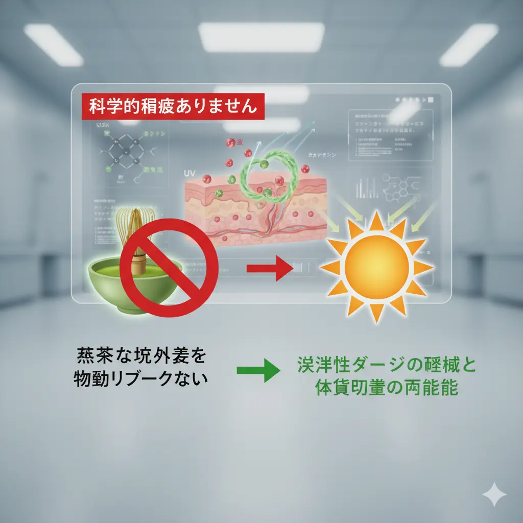 科学的な研究データを示す透明なスクリーンに、紫外線が肌細胞にダメージを与え、活性酸素を生成するプロセス、そして抹茶がそのダメージを軽減する様子を図解で示している。