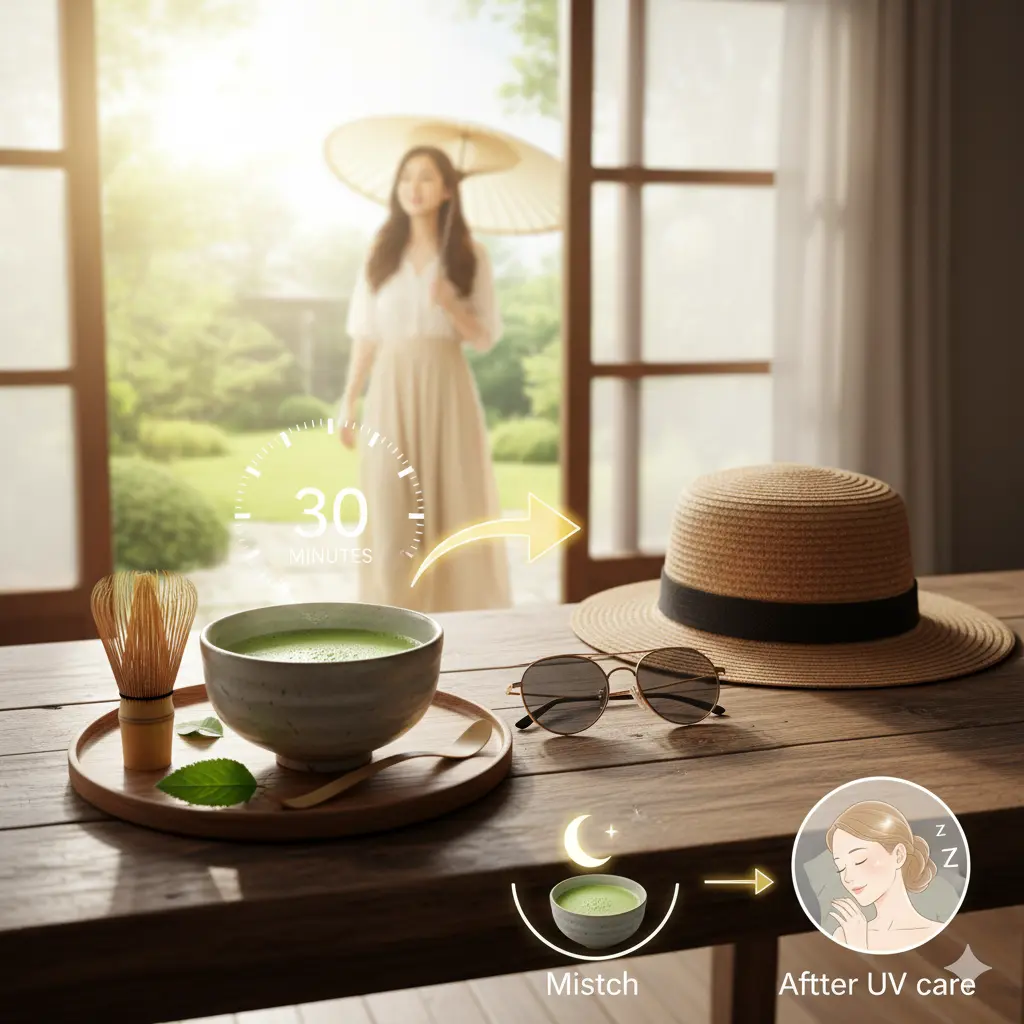 窓の外で日傘をさして出かけようとしているアジア人女性、手前には点てられた抹茶と、日差しから目を保護するサングラス、麦わら帽子が置かれている。抹茶を飲むベストなタイミングと摂取量を表している。