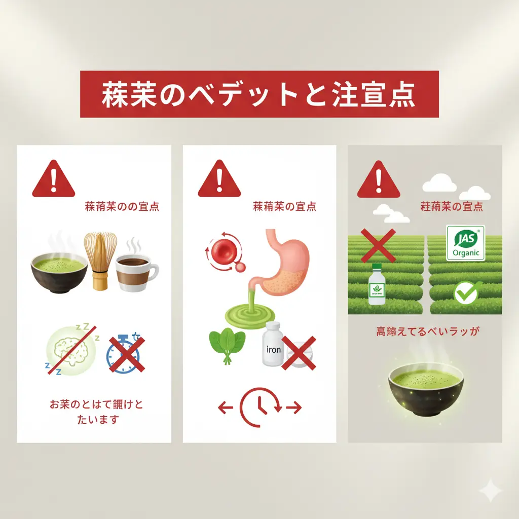 3つのセクションに分かれた図解。左はカフェインの注意点（抹茶とコーヒー、睡眠不足）、中央は鉄分吸収阻害の注意点（胃と鉄分サプリ）、右は残留農薬のリスク（農薬使用の茶畑とオーガニックの茶畑）を示し、抹茶のデメリットと注意点を説明している。