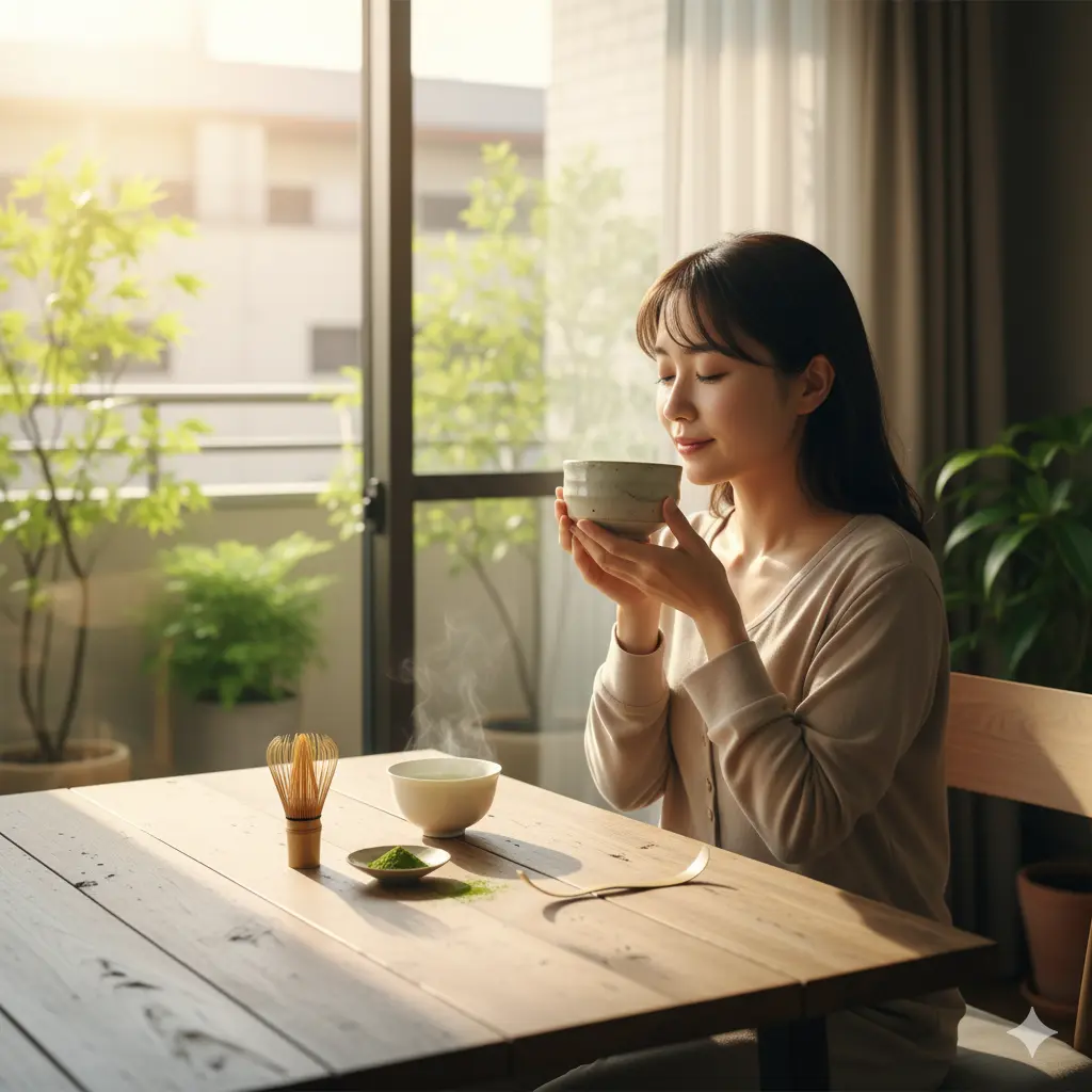 明るい窓辺で、温かい抹茶を両手で持ち、目を閉じて香りを深く味わっている日本人女性。テーブルには茶筅と抹茶、茶碗が置かれ、心地よい朝の抹茶習慣を象徴している。