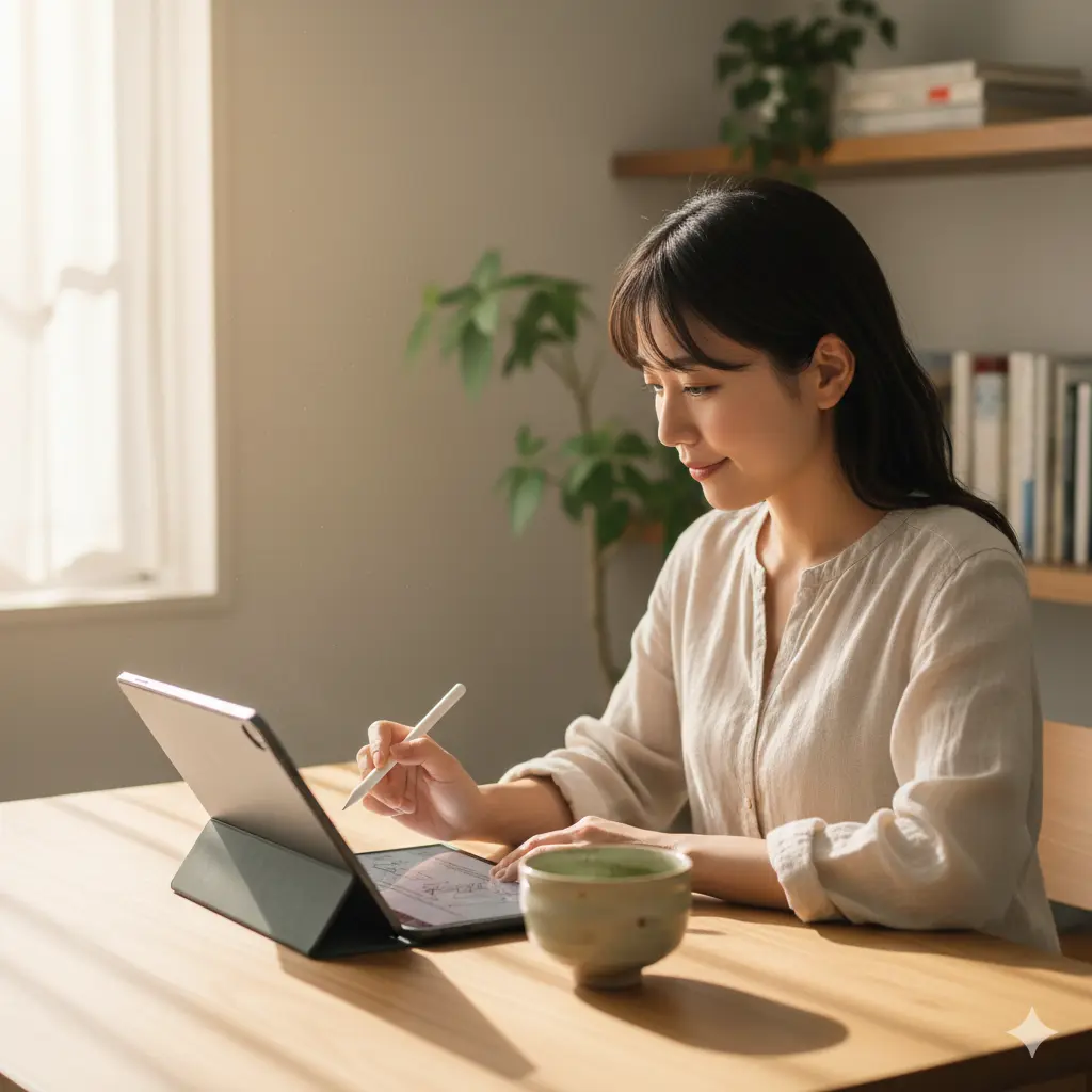 穏やかな光が差し込む部屋で、デジタルタブレットを使って集中して作業している日本人女性。隣には抹茶が入った和風の茶碗が置かれ、集中力とリラックス効果を示唆している。