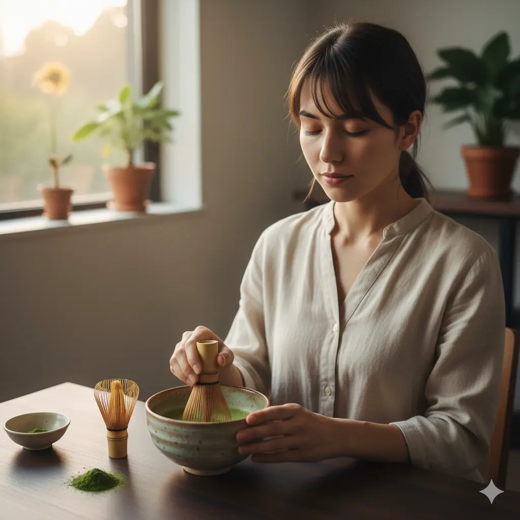 窓から光が差し込むテーブルで、茶筅を使って丁寧に抹茶を点てている日本人女性。彼女は目を閉じ、その所作に集中しており、マインドフルネスとリラックス効果を表現している。
