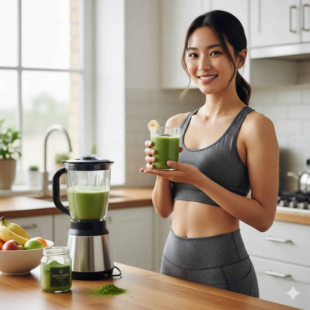 モダンなキッチンで、スポーツウェアを着た笑顔の日本人女性が、ミキサーと抹茶の容器が置かれたカウンターで、抹茶スムージーが入ったグラスを持っている。健康的なライフスタイルと美容効果を強調。