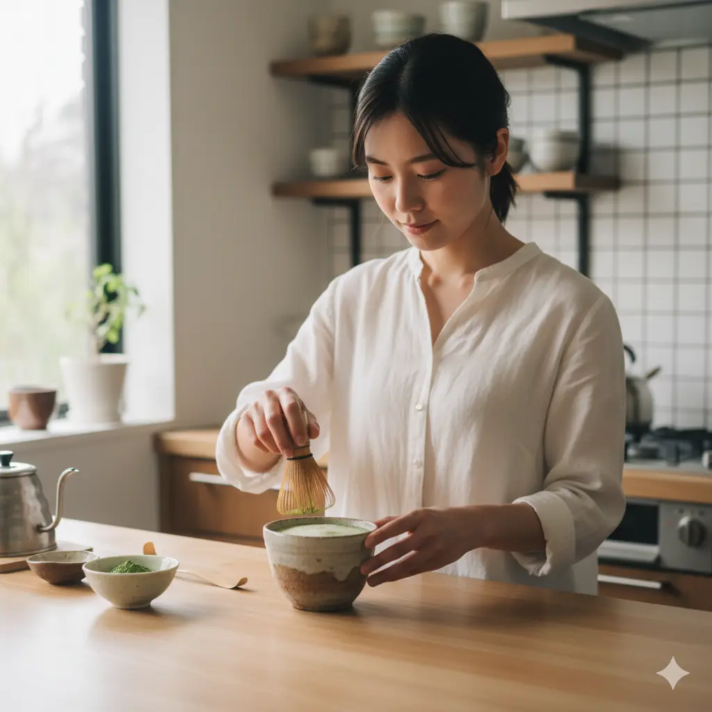 清潔感のあるキッチンカウンターで、白いシャツを着た日本人女性が、マグカップに入れた抹茶を茶筅で丁寧に混ぜている。初心者でも手軽に抹茶を淹れる様子を表現。