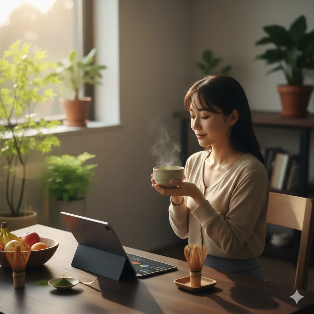 明るいリビングで、温かい抹茶ラテの入ったカップを両手で持ち、目を閉じて香りを深く味わっている日本人女性。テーブルにはタブレットと他の抹茶道具があり、様々な抹茶の楽しみ方を連想させる。