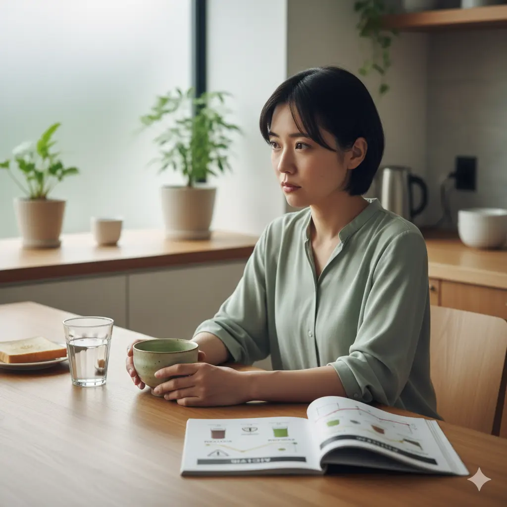 キッチンで、抹茶の入った茶碗を手に持ち、難しい表情で遠くを見つめている日本人女性。テーブルには水が入ったグラスと、注意点を説明する資料が置かれており、抹茶摂取の注意点を考える様子を表現している。