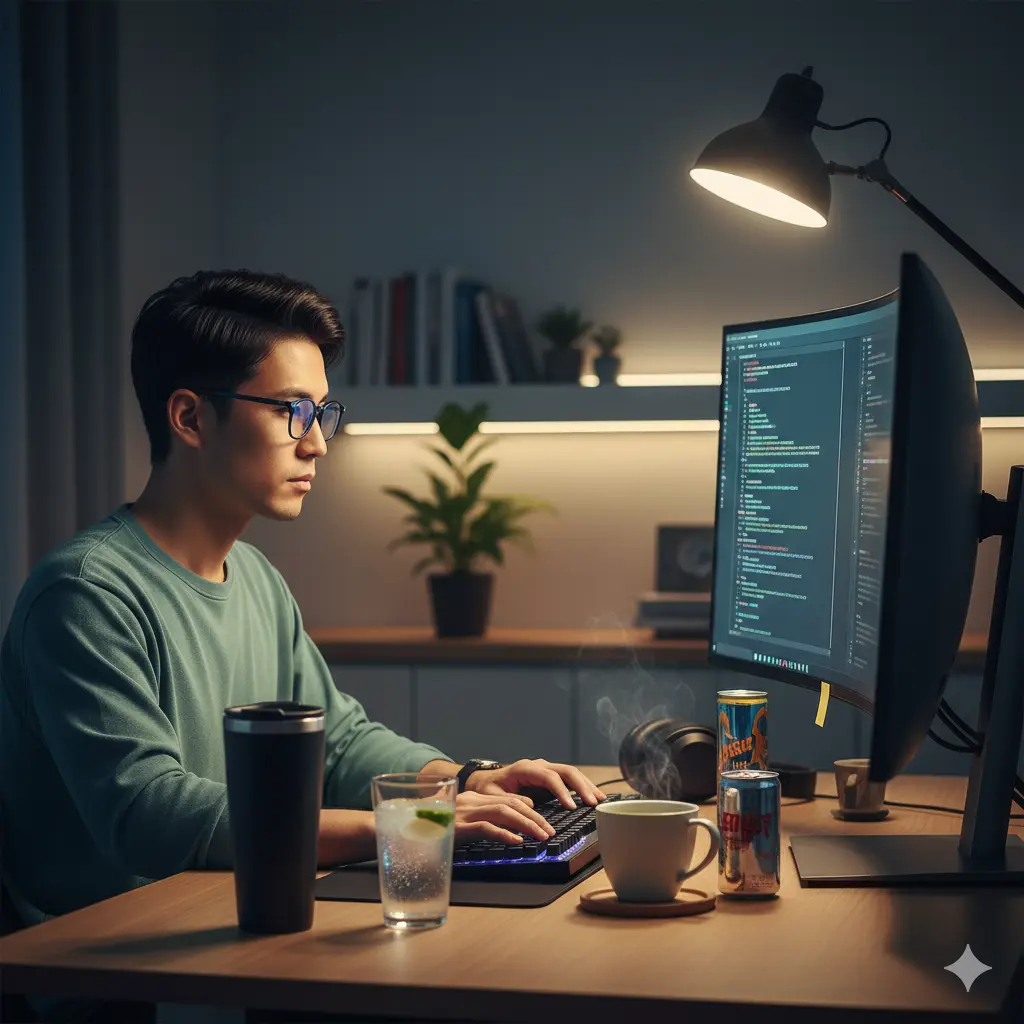 夜遅くまでプログラミング作業をする日本人男性プログラマー。デスクにはタンブラー、水、コーヒー、エナジードリンクがあり、集中してキーボードを打っている。