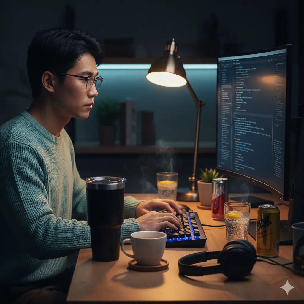 デスクで集中してプログラミング作業をする日本人男性プログラマー。手元には、カフェイン摂取用のエナジードリンクとコーヒー、そして水分補給のためのグラスに入った水が置かれている。