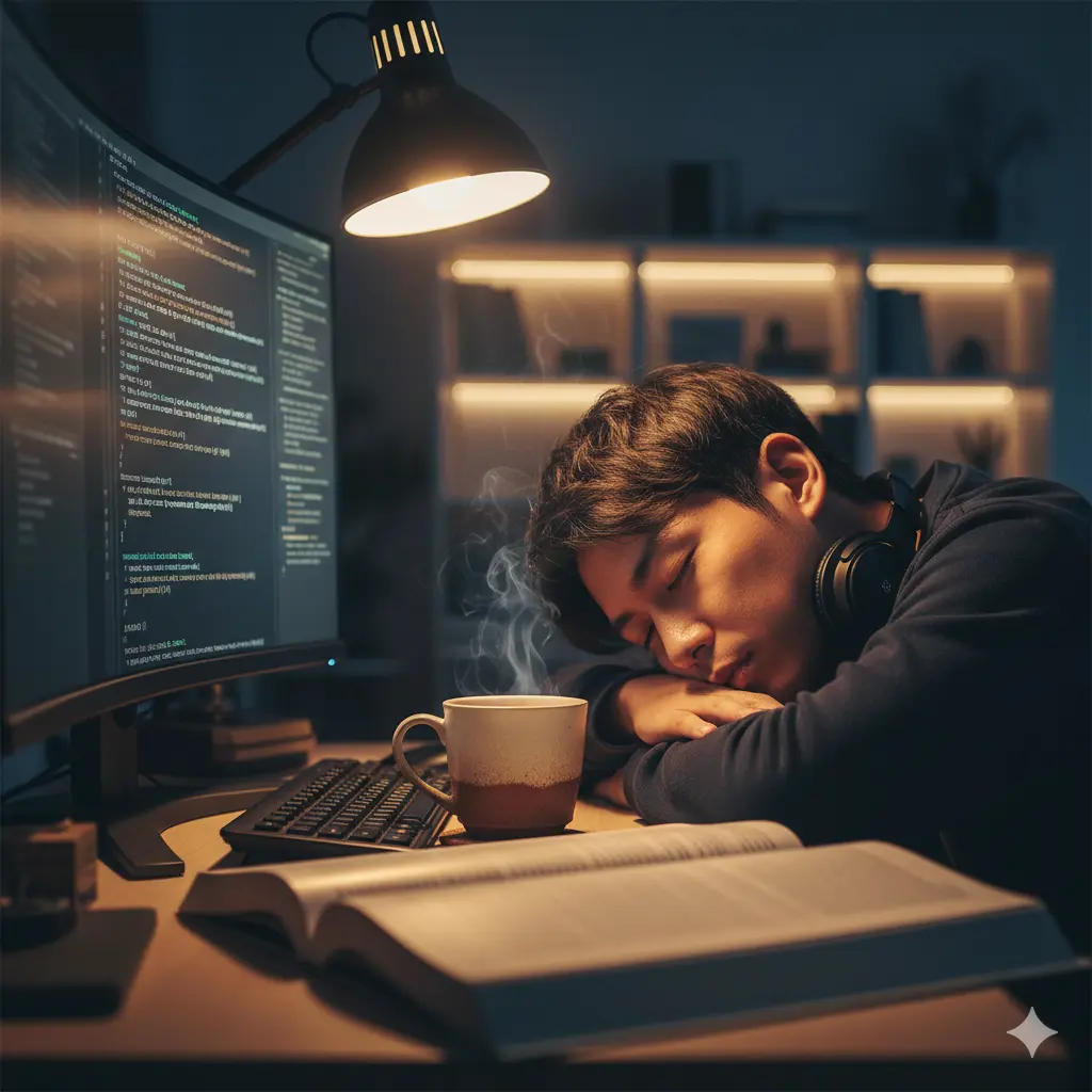 デスクで仮眠をとる日本人男性プログラマー。彼の隣には温かいコーヒーが置かれており、コーヒーナップの様子が描かれている。