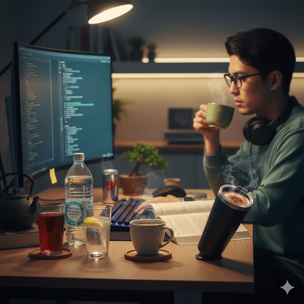 デスクで集中してプログラミング作業をする日本人男性プログラマー。手元には、リラックス効果のある緑茶と紅茶が置かれている。