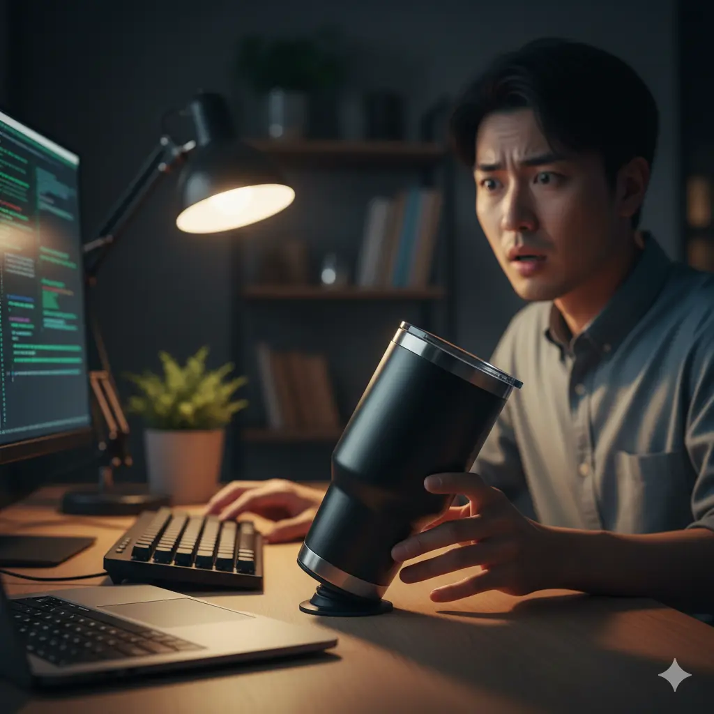 デスクで飲み物をこぼしそうになり驚く日本人男性プログラマー。転倒防止機能付きのタンブラーが倒れずにデスクに吸着している様子。